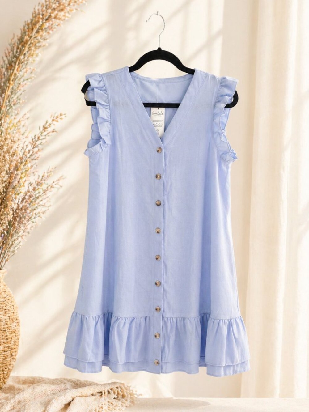 Cupshe Blue Ruffle Sleeve Dress Button Front Mini Boho Sundress NWT Size Small